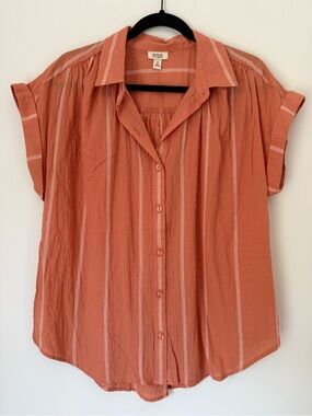 a.n.a Rust and Cream Striped Short Sleeve Button-Down Shirt